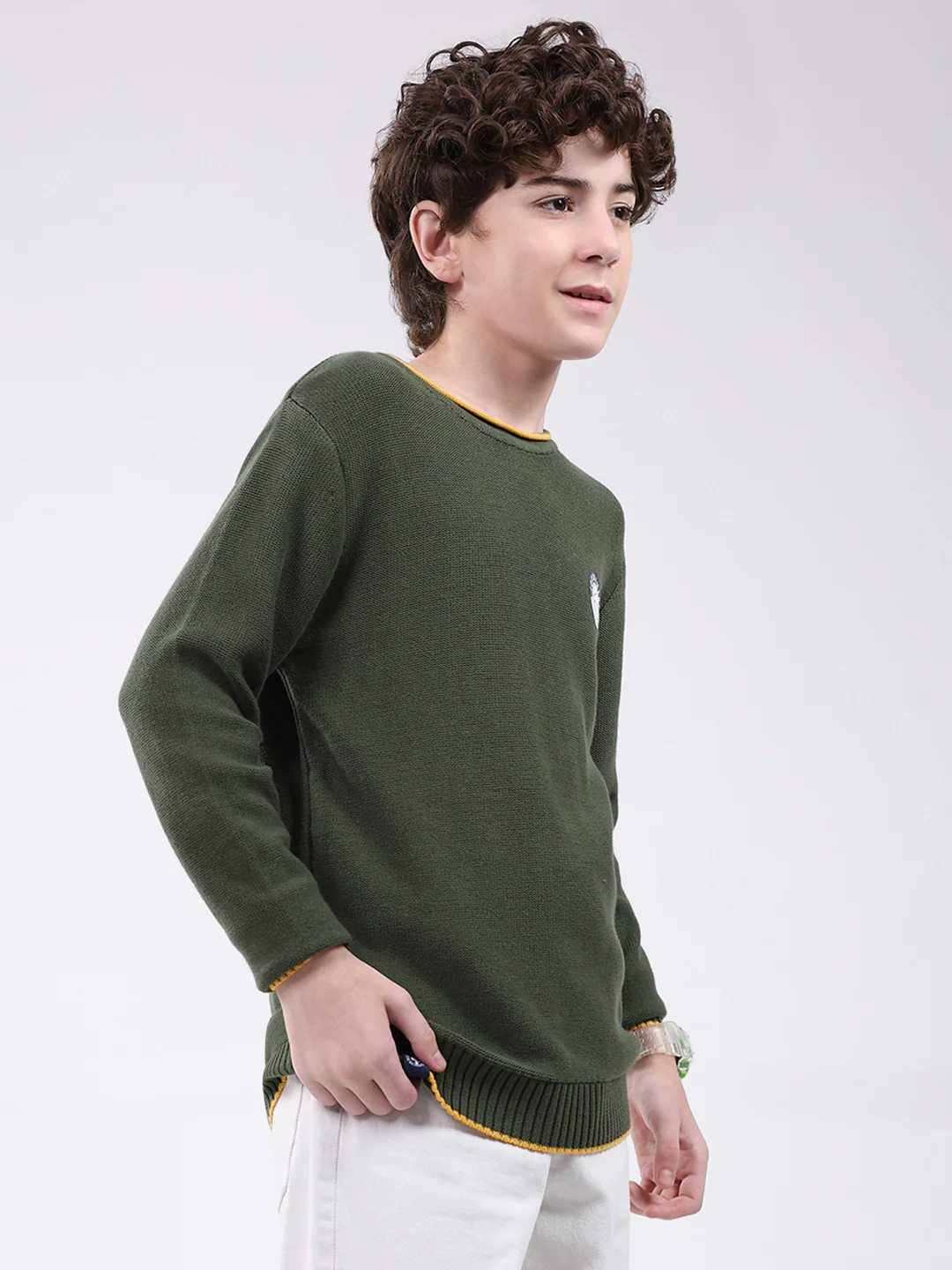 Boys Olive Solid Round Neck Full Sleeve Pullover - Image 4