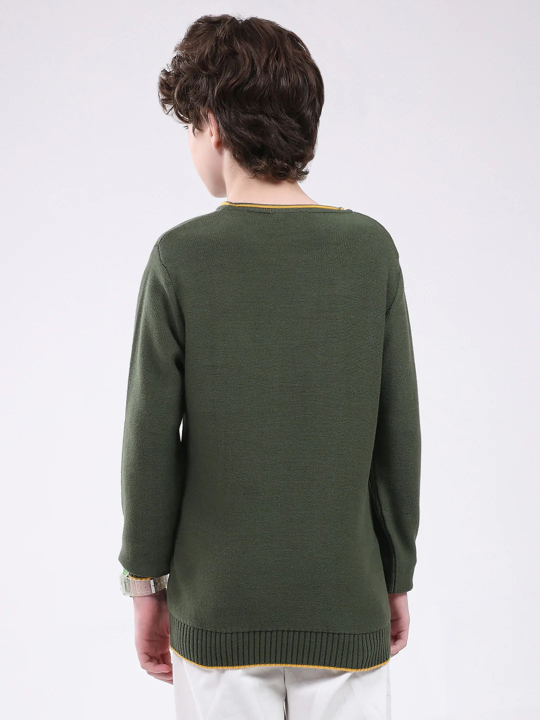 Boys Olive Solid Round Neck Full Sleeve Pullover - Image 5