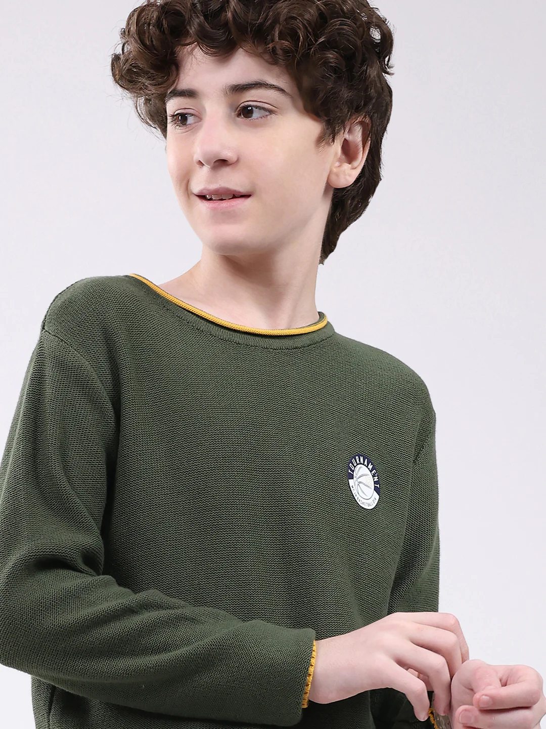 Boys Olive Solid Round Neck Full Sleeve Pullover - Image 6