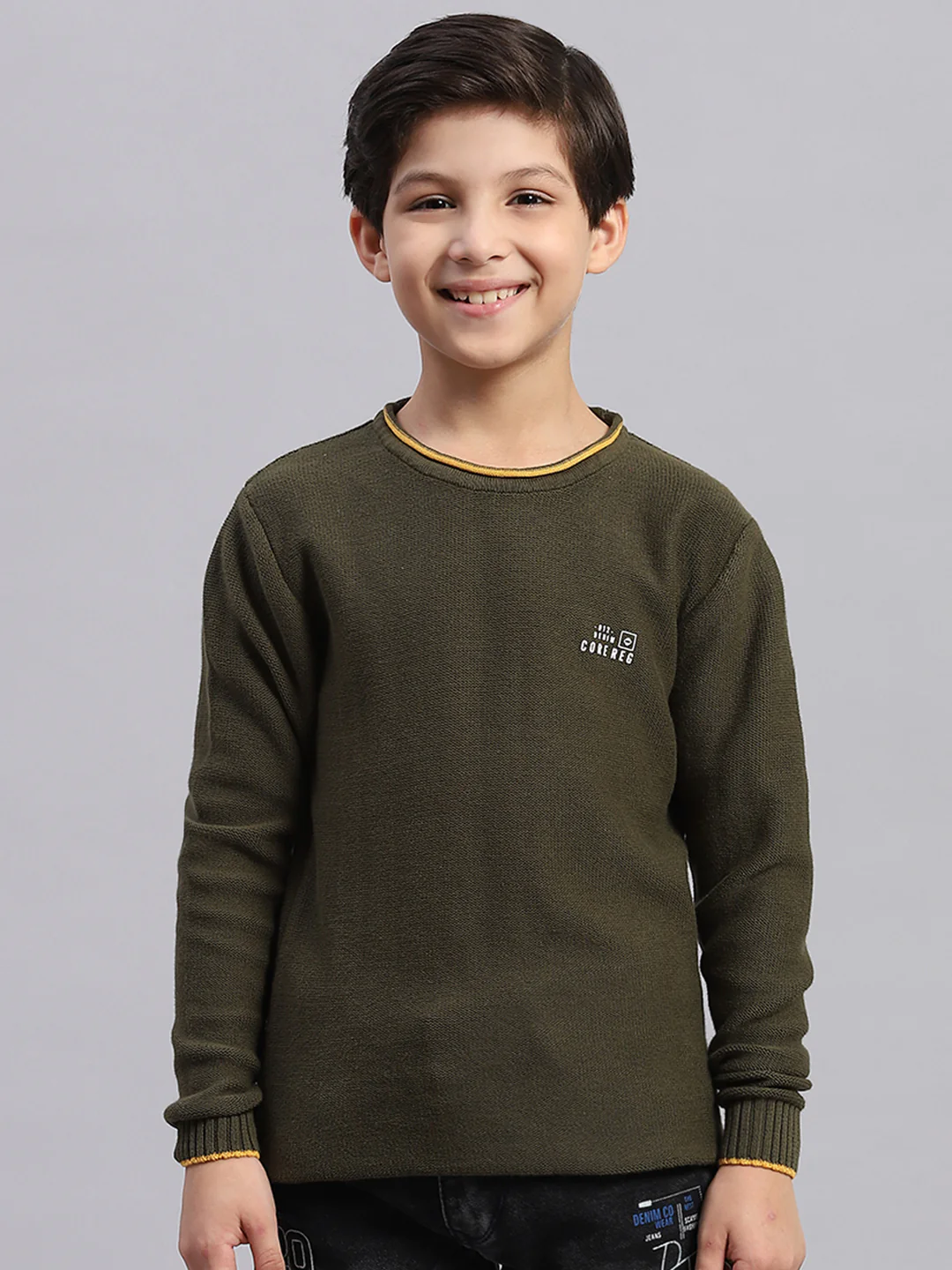 Boys Olive Solid Round Neck Full Sleeve Sweater - Image 3