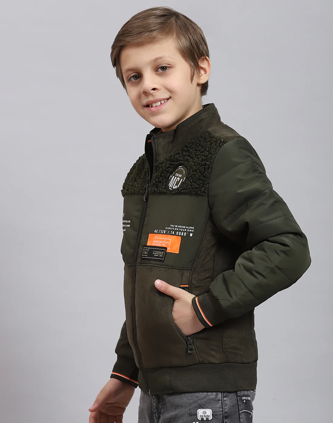 Boys Olive Solid Stand Collar Full Sleeve Boys Jacket - Image 3