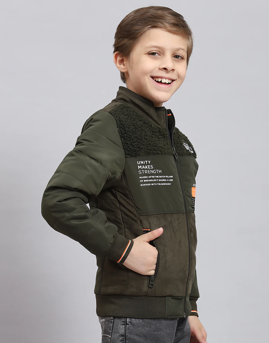 Boys Olive Solid Stand Collar Full Sleeve Boys Jacket - Image 4