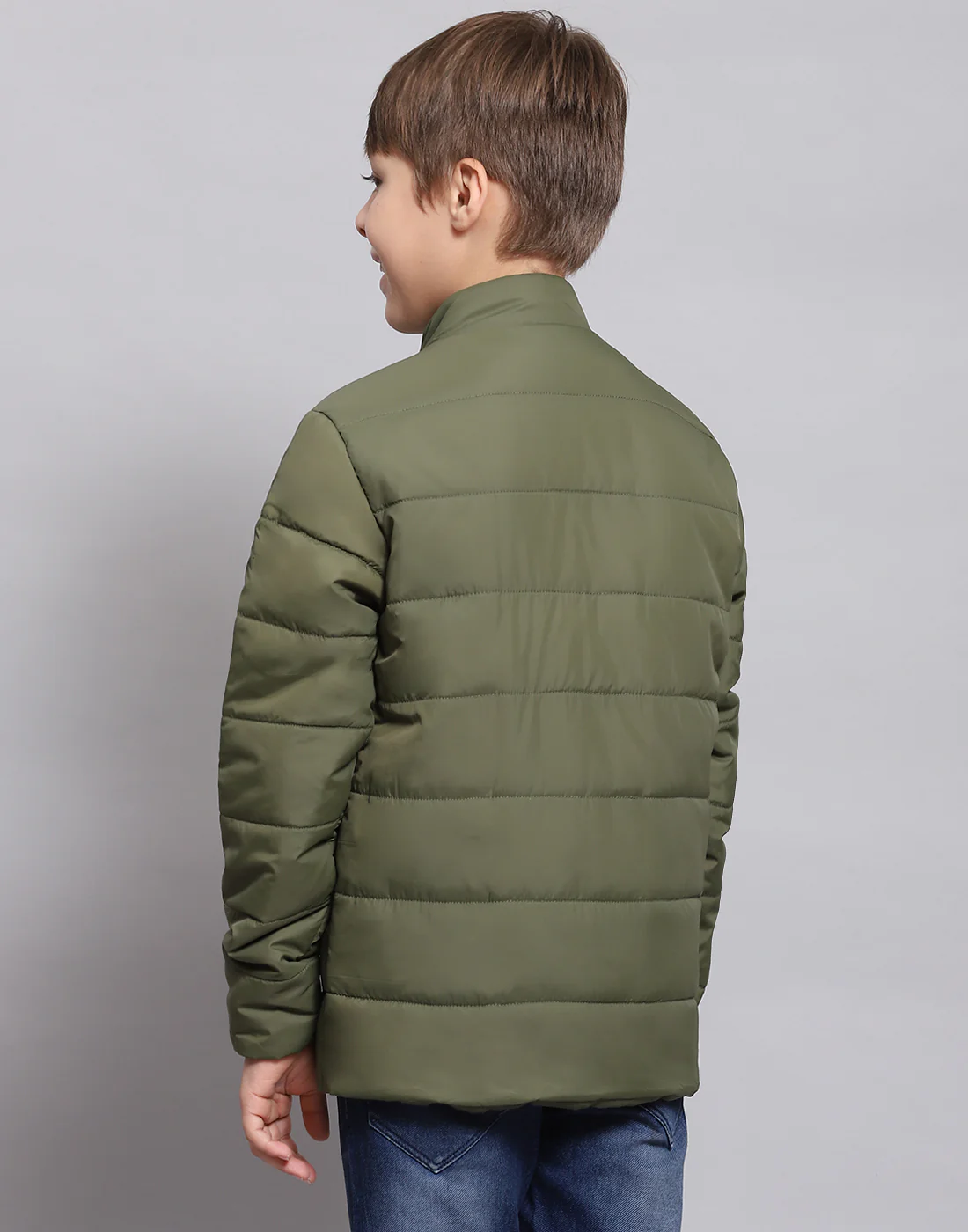 Boys Olive Solid Stand Collar Full Sleeve Boys Jacket - Image 5