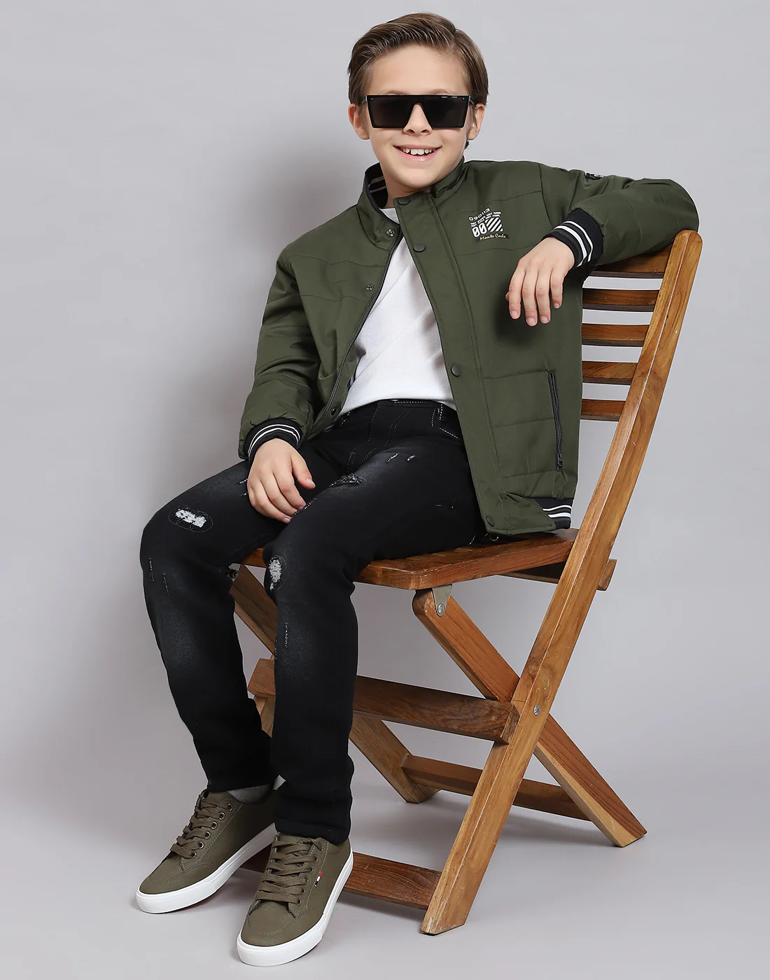 Boys Olive Solid Stand Collar Full Sleeve Boys Jacket - Image 2