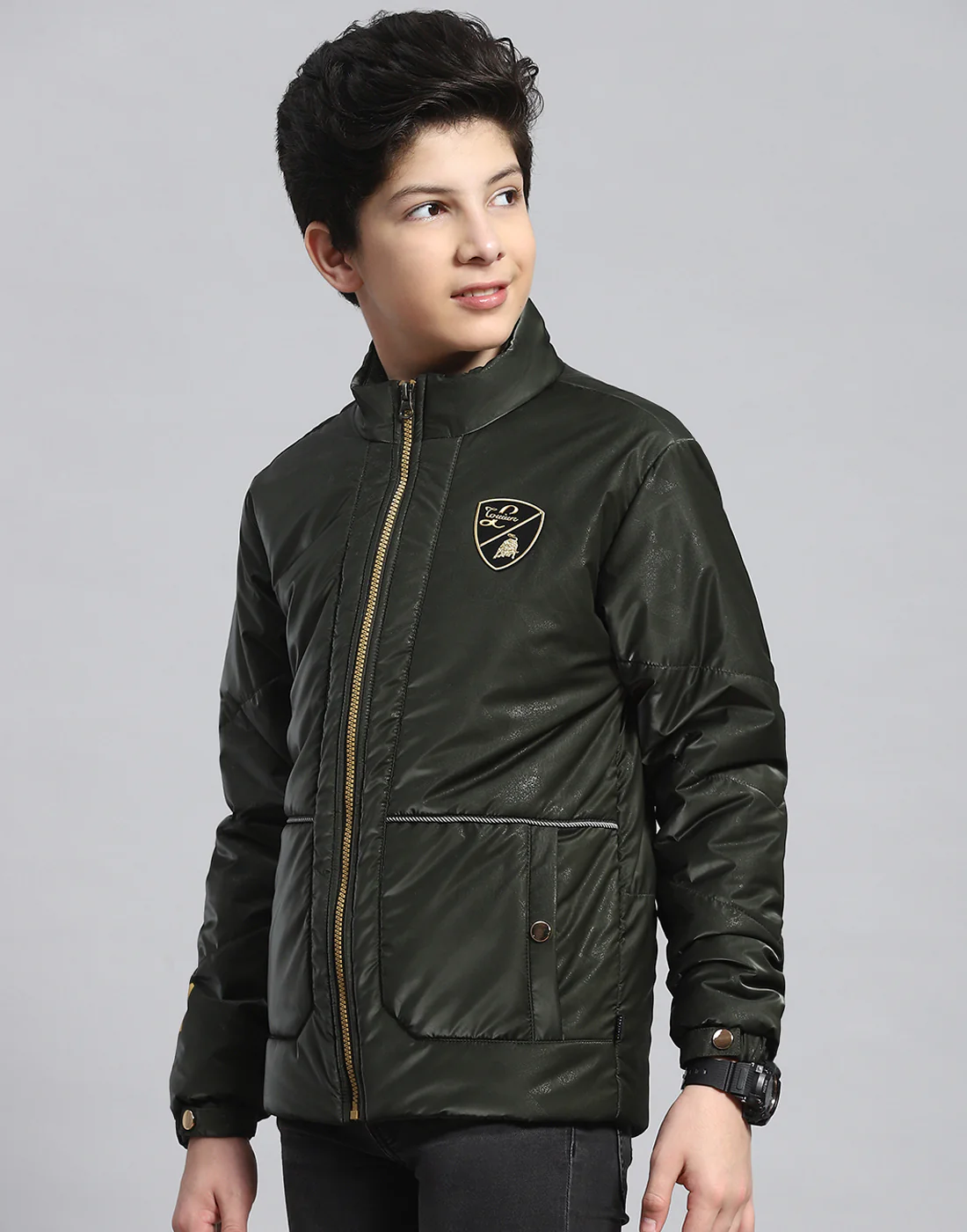 Boys Olive Solid Stand Collar Full Sleeve Boys Jacket - Image 3