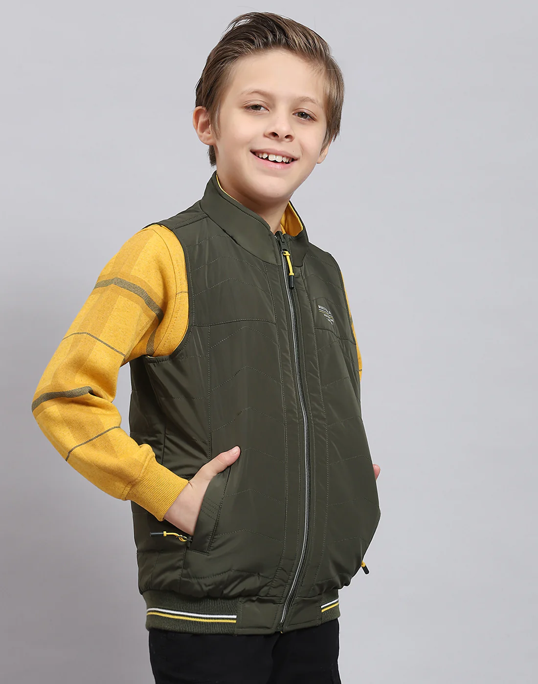 Boys Olive Solid Stand Collar Sleeveless Boys Jacket - Image 4