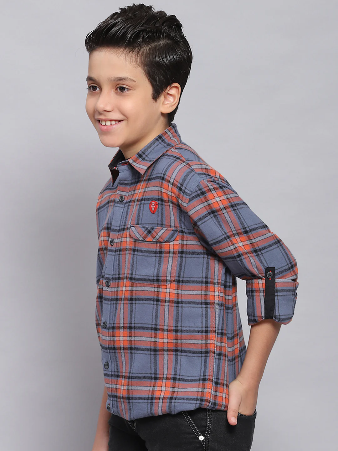 Boys Orange Check Spread Collar Full Sleeve Shirts - Image 3