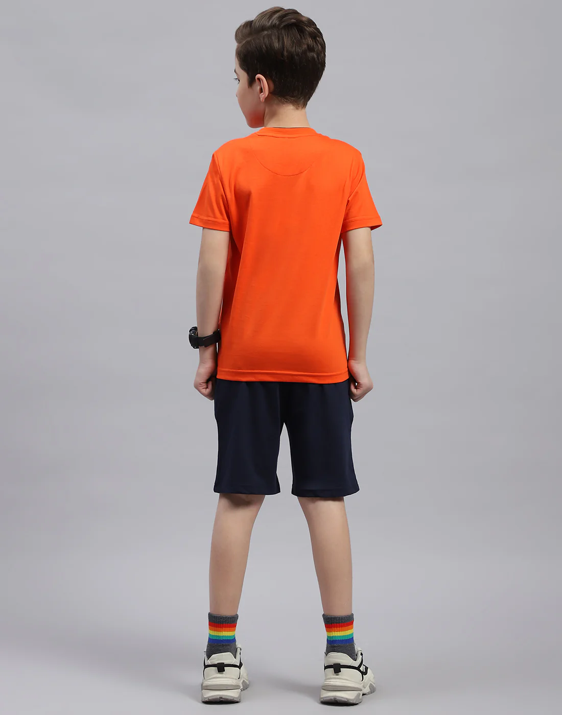 Boys Orange & Navy Blue Printed Round Neck Half Sleeve Bermuda Set - Image 5