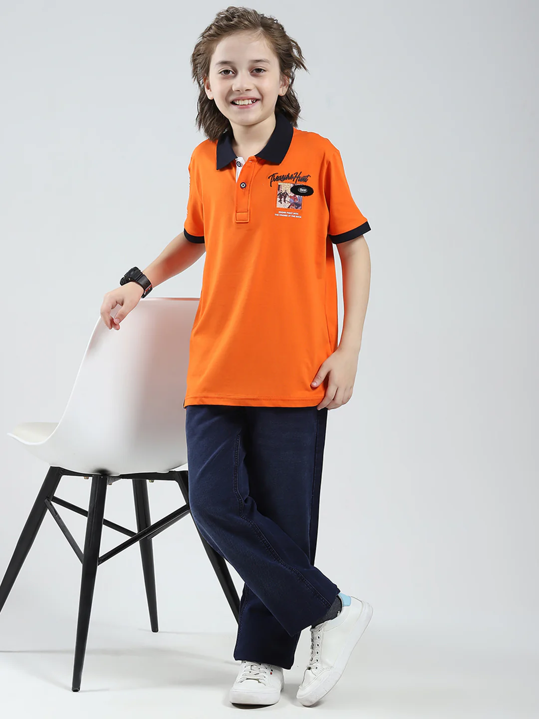 Boys Orange Printed Collar Half Sleeve T-Shirt - Image 2