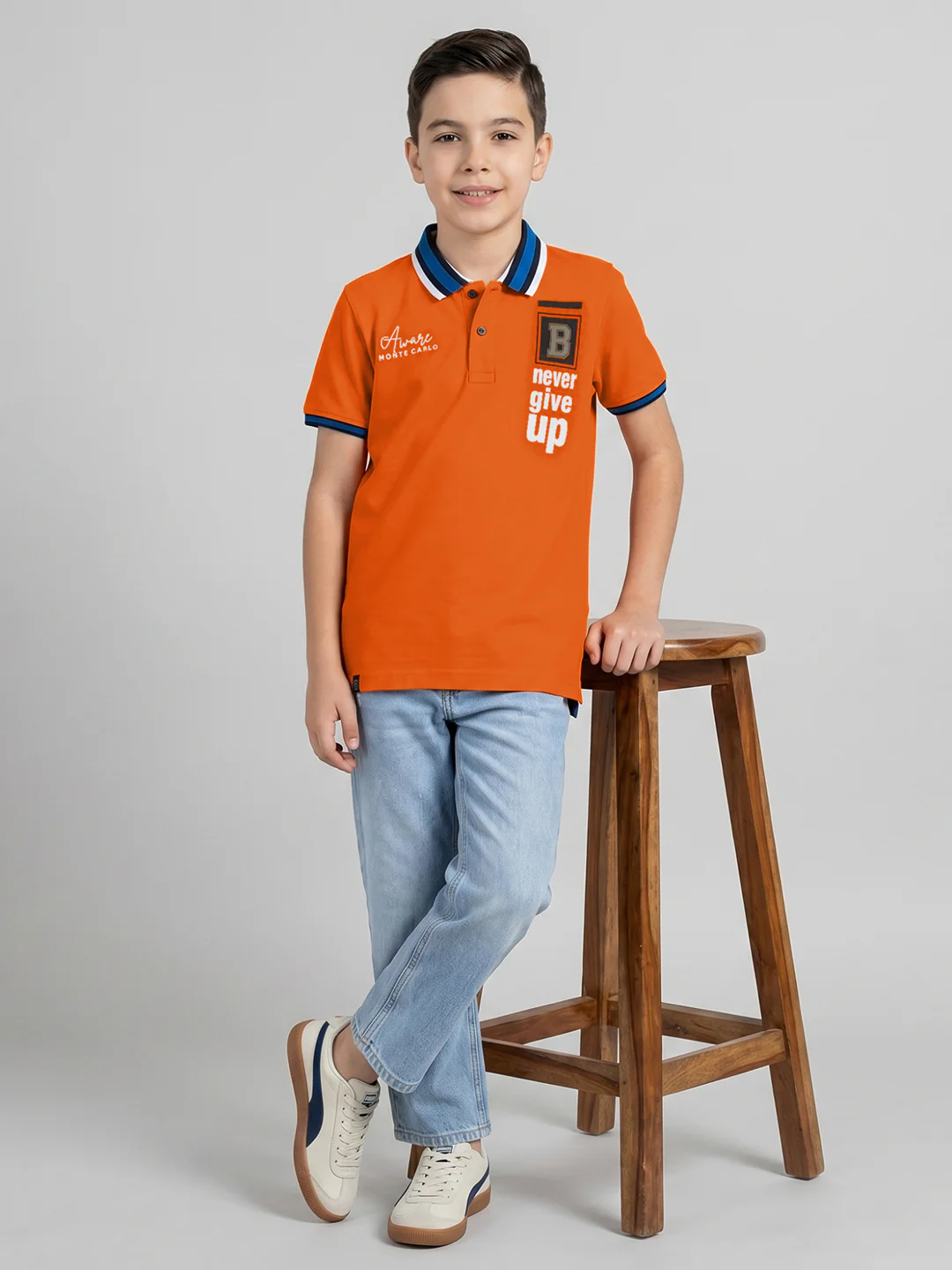 Boys Orange Printed Collar Half Sleeve T-Shirt - Image 5