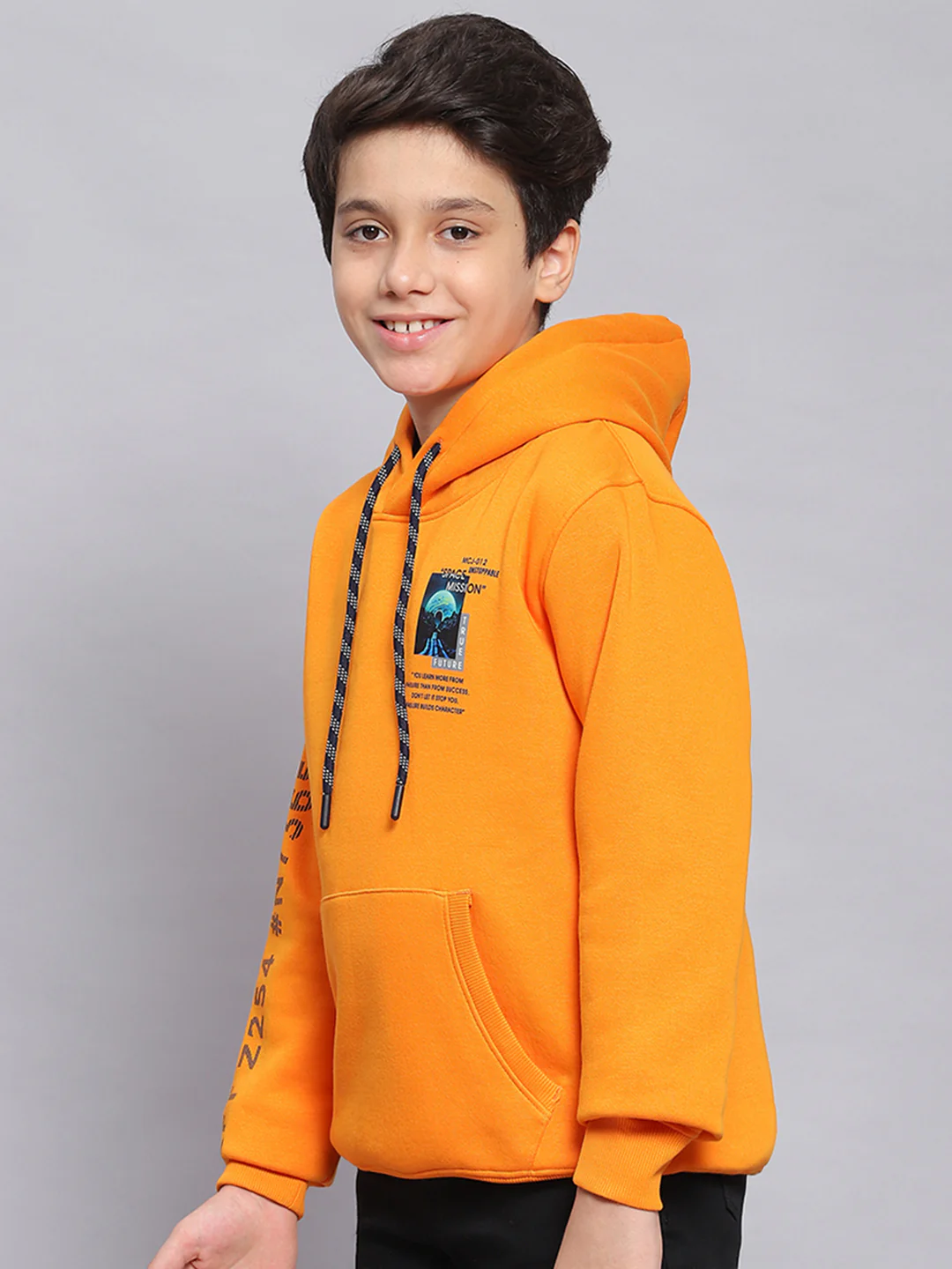 Boys Orange Printed Hooded Full Sleeve Sweatshirt - Image 4