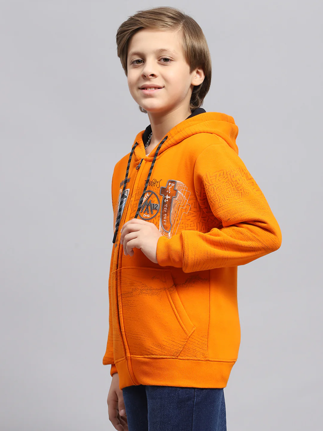 Boys Orange Printed Hooded Full Sleeve Sweatshirt - Image 3