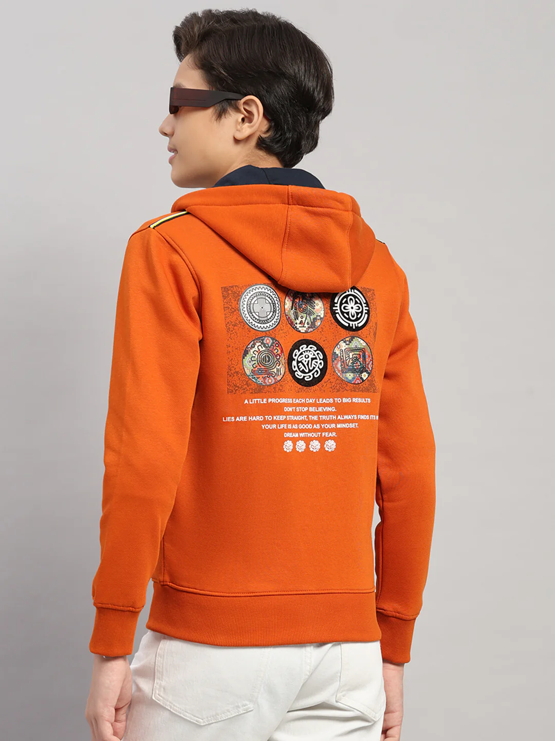 Boys Orange Printed Hooded Full Sleeve Sweatshirt - Image 6