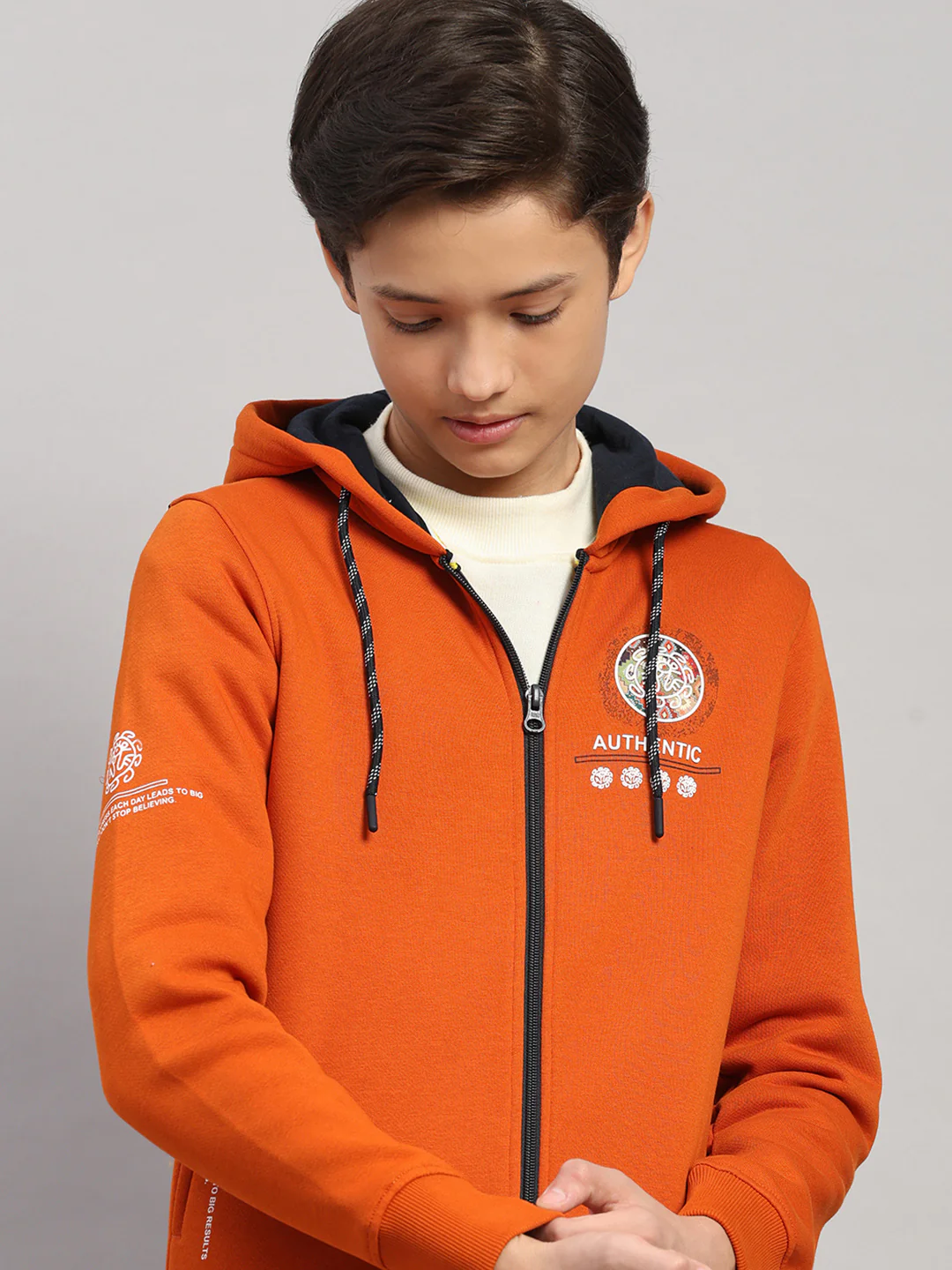 Boys Orange Printed Hooded Full Sleeve Sweatshirt - Image 7