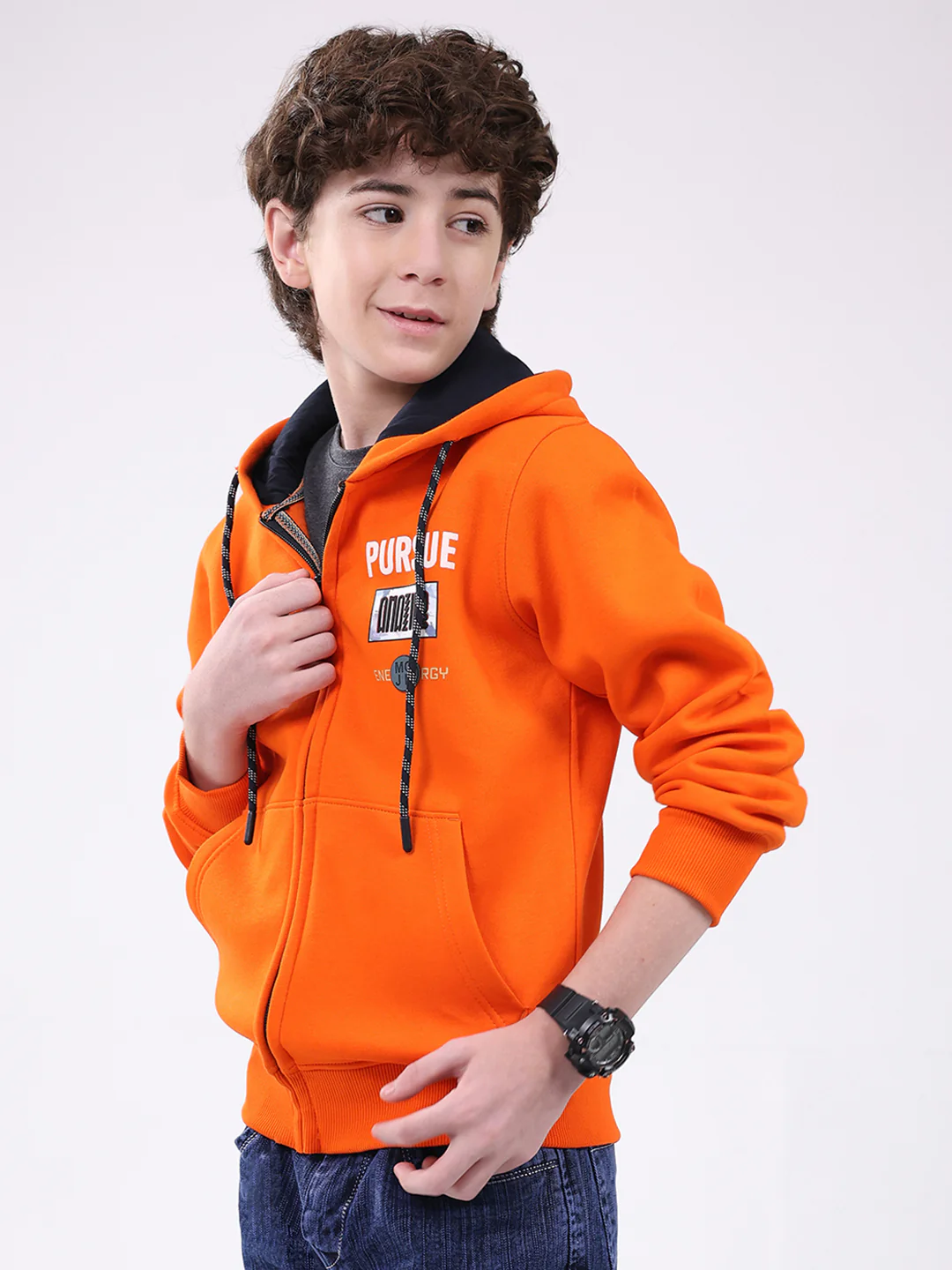 Boys Orange Printed Hooded Full Sleeve Sweatshirt - Image 3