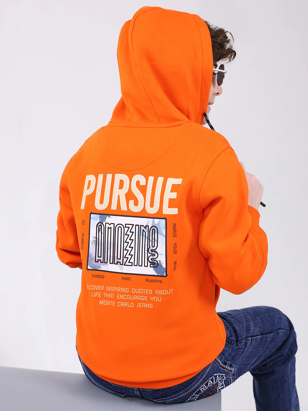 Boys Orange Printed Hooded Full Sleeve Sweatshirt - Image 6