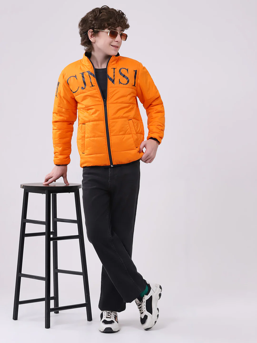 Boys Orange Printed Mock Neck Full Sleeve Boys Reversible Jacket - Image 2