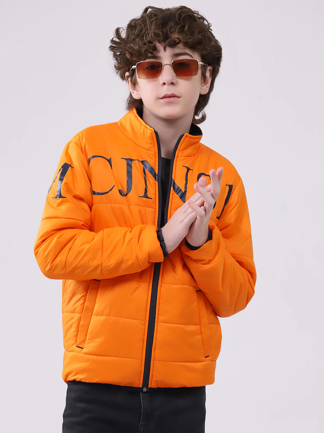 Boys Orange Printed Mock Neck Full Sleeve Boys Reversible Jacket - Image 6
