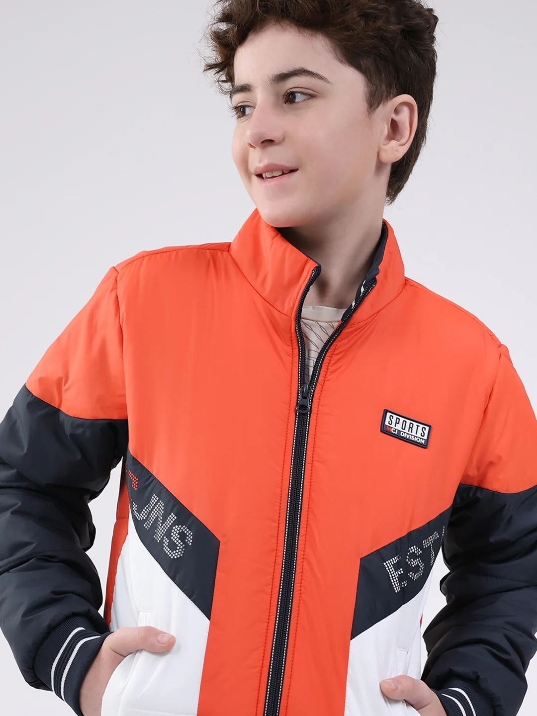 Boys Orange Printed Mock Neck Full Sleeve Jacket - Image 6