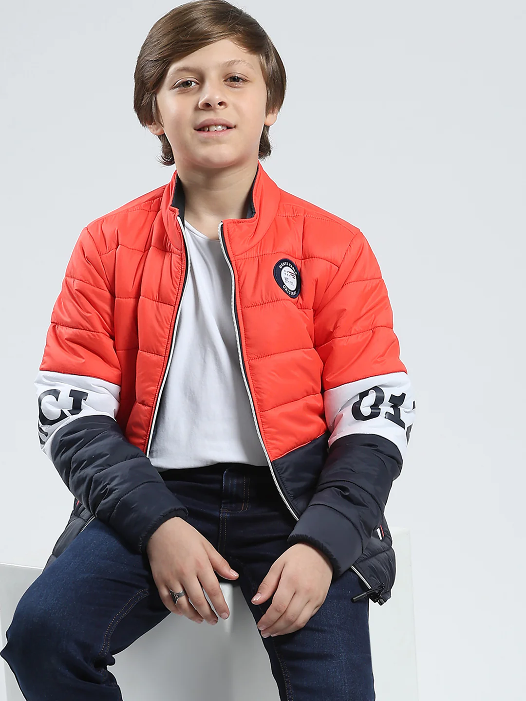 Boys Orange Printed Mock Neck Full Sleeve Reversible Jacket - Image 6