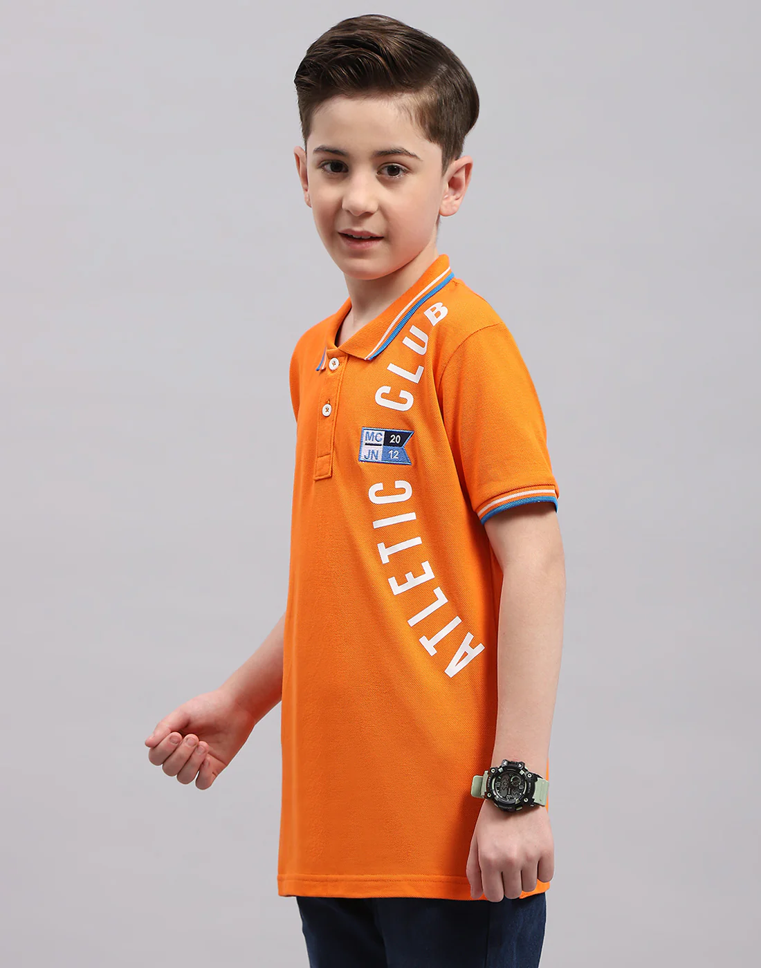 Boys Orange Printed Polo Collar Half Sleeve T-Shirt - Image 4