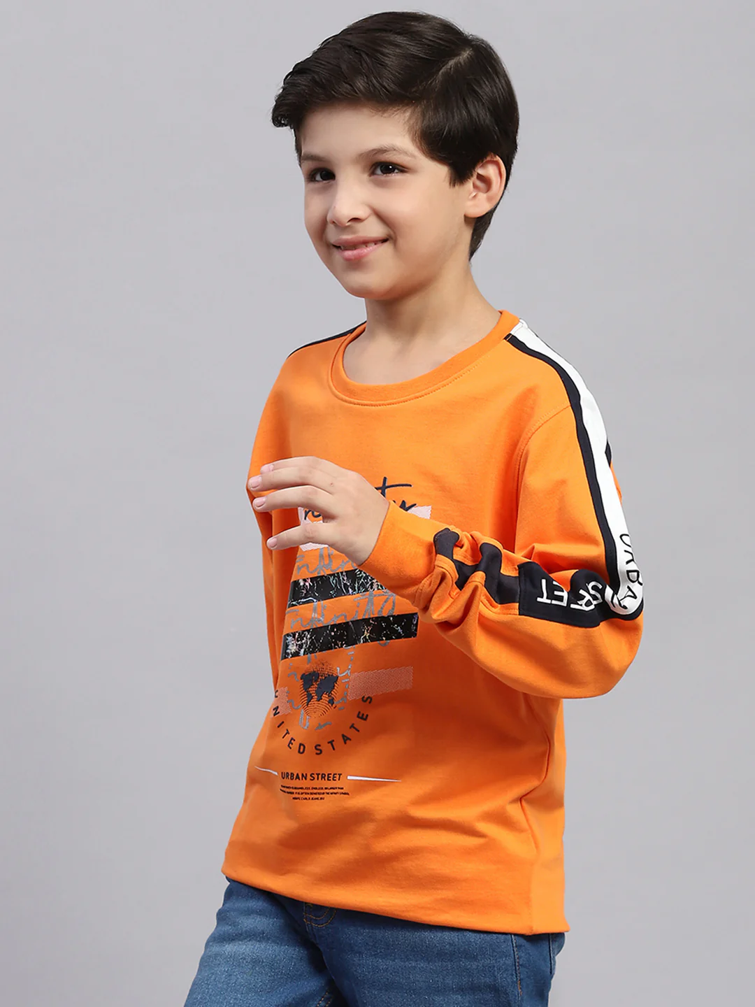 Boys Orange Printed Round Neck Full Sleeve Sweatshirt - Image 3