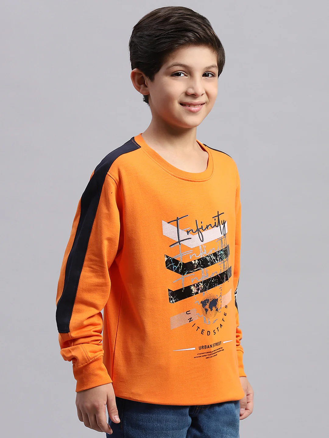 Boys Orange Printed Round Neck Full Sleeve Sweatshirt - Image 4