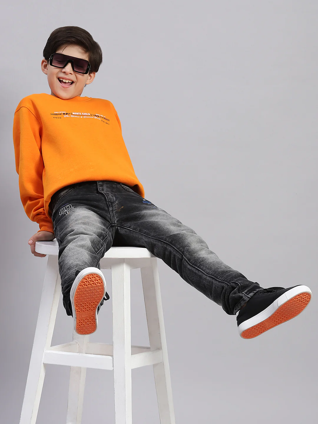 Boys Orange Printed Round Neck Full Sleeve Sweatshirt - Image 2