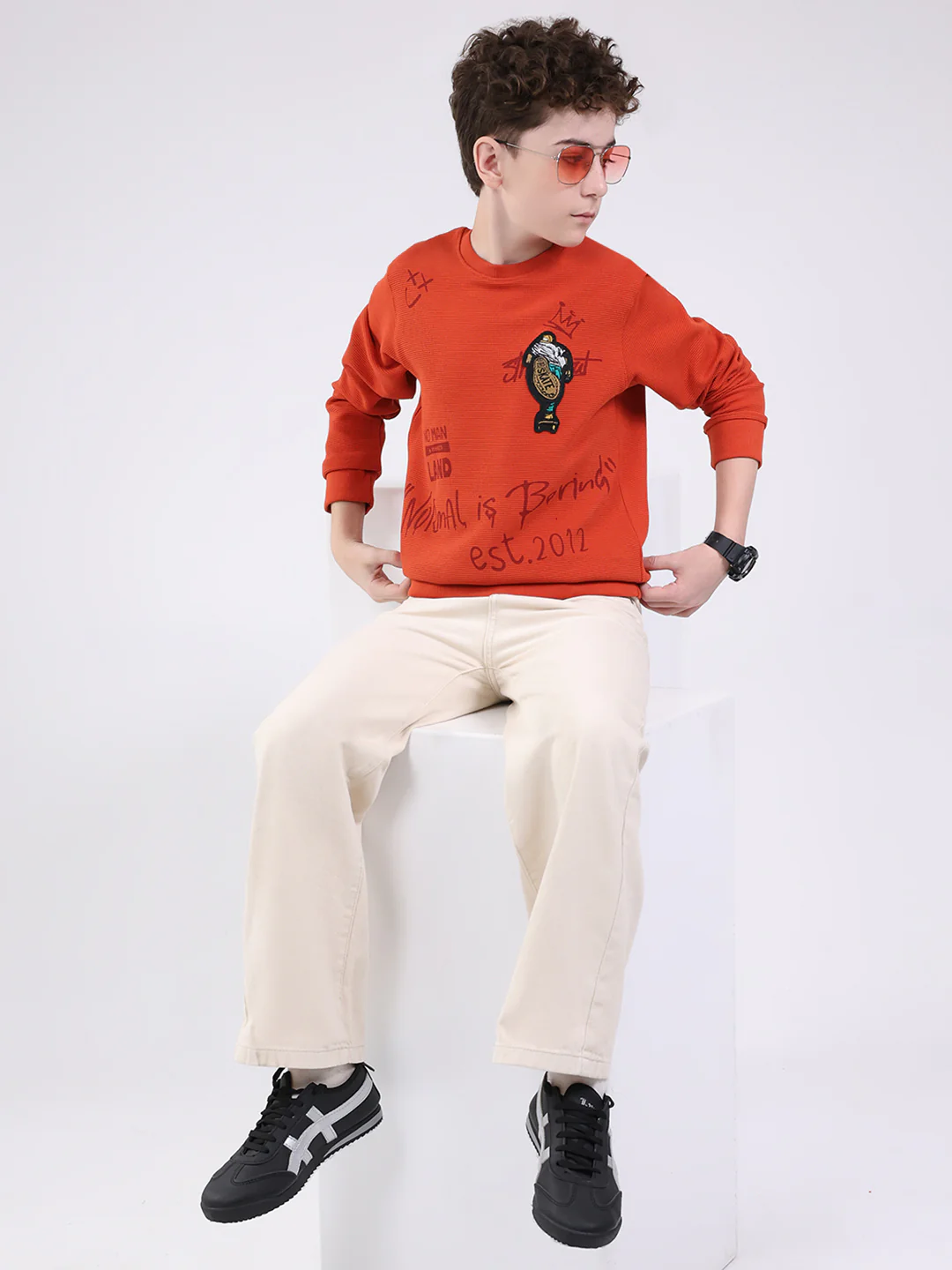 Boys Orange Printed Round Neck Full Sleeve Sweatshirt - Image 2