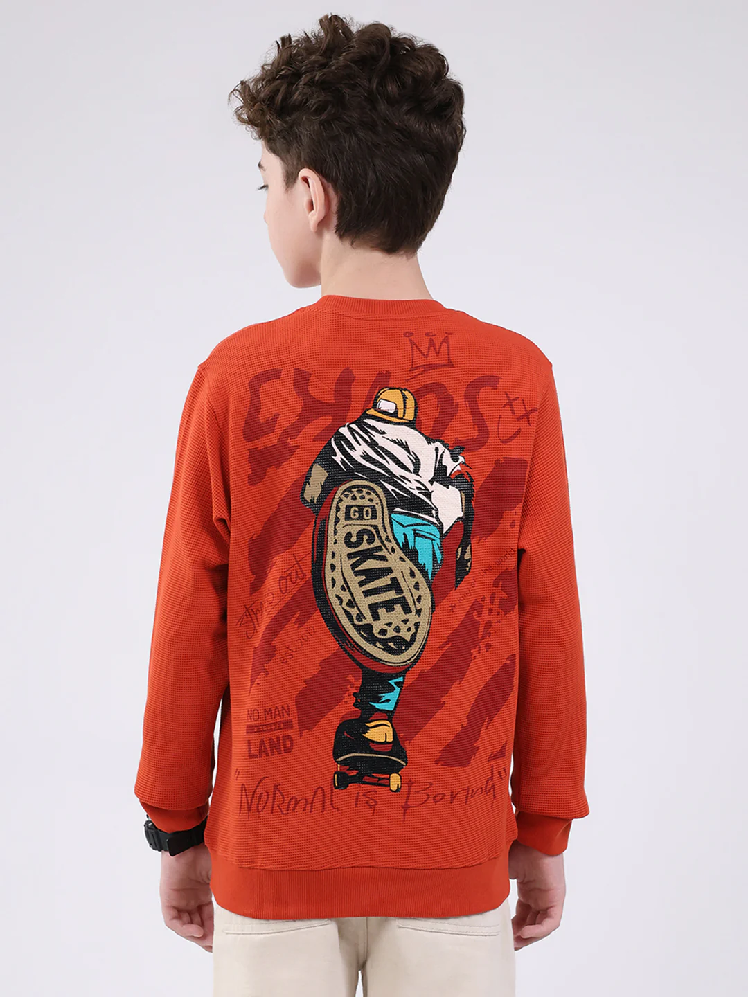 Boys Orange Printed Round Neck Full Sleeve Sweatshirt - Image 5