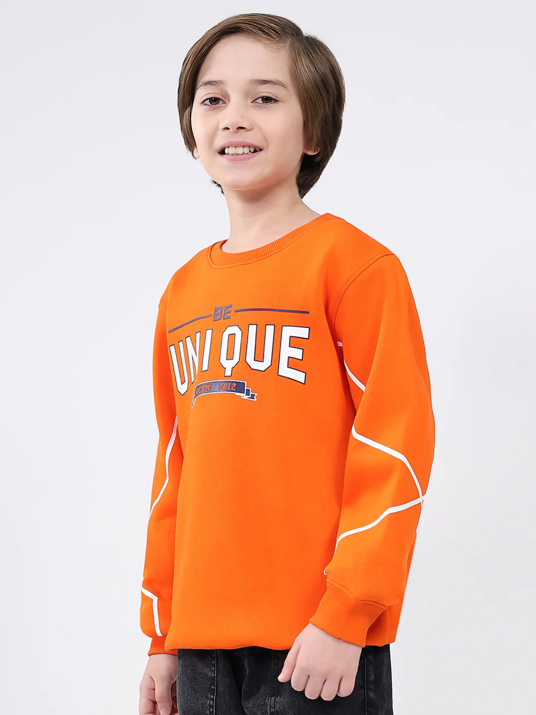 Boys Orange Printed Round Neck Full Sleeve Sweatshirt - Image 3