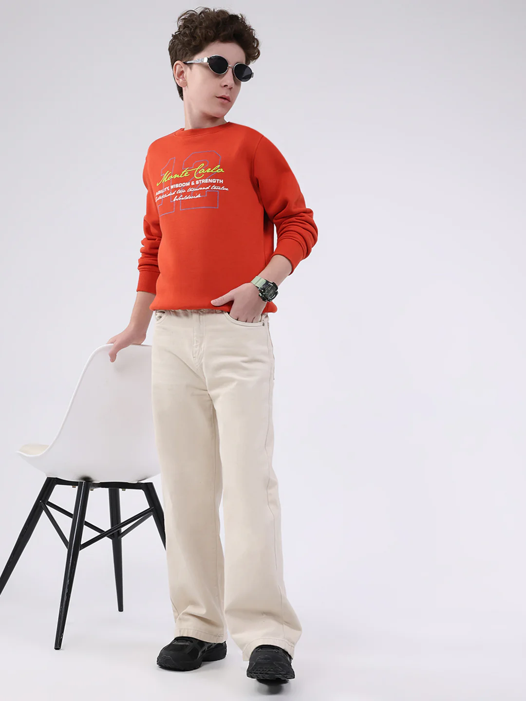 Boys Orange Printed Round Neck Full Sleeve Sweatshirt - Image 2