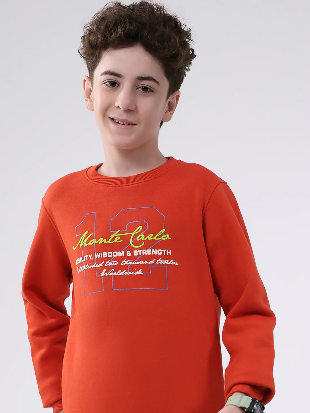 Boys Orange Printed Round Neck Full Sleeve Sweatshirt - Image 7