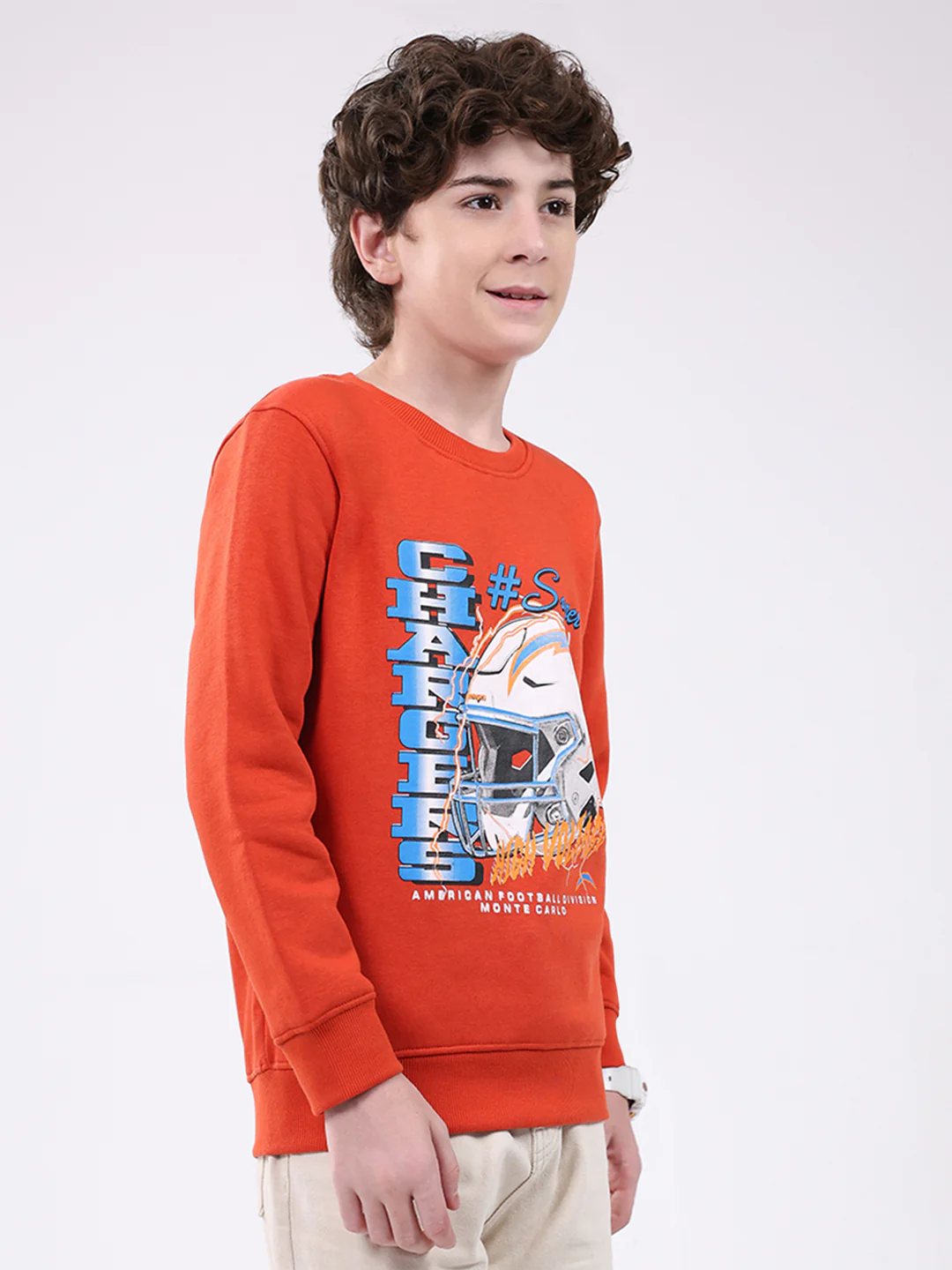 Boys Orange Printed Round Neck Full Sleeve Sweatshirt - Image 4