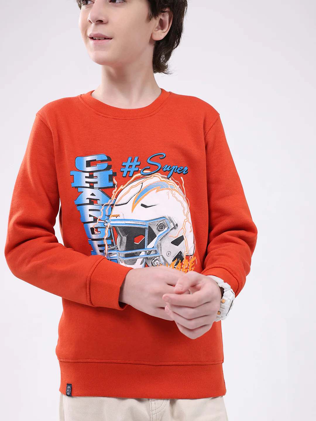 Boys Orange Printed Round Neck Full Sleeve Sweatshirt - Image 6