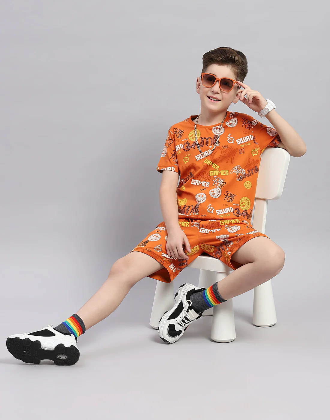 Boys Orange Printed Round Neck Half Sleeve Bermuda Set - Image 2