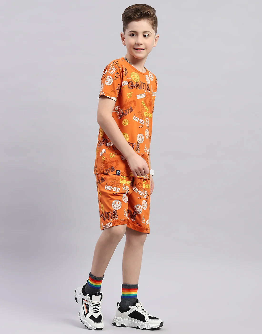 Boys Orange Printed Round Neck Half Sleeve Bermuda Set - Image 4