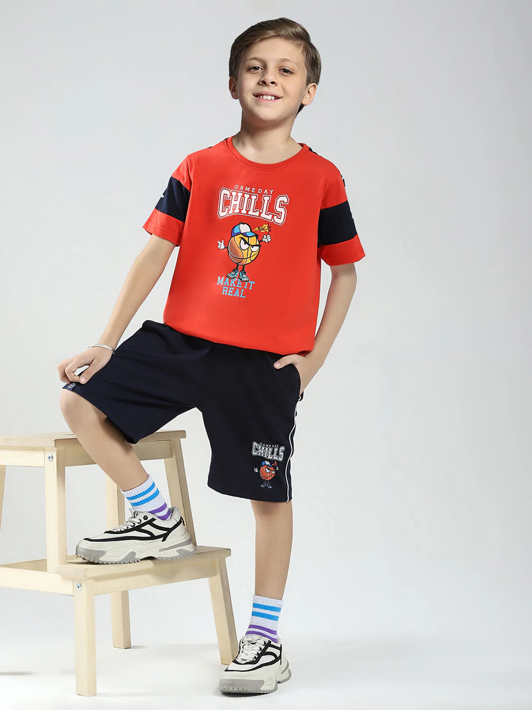 Boys Orange Printed Round Neck Half Sleeve Bermuda Set - Image 2