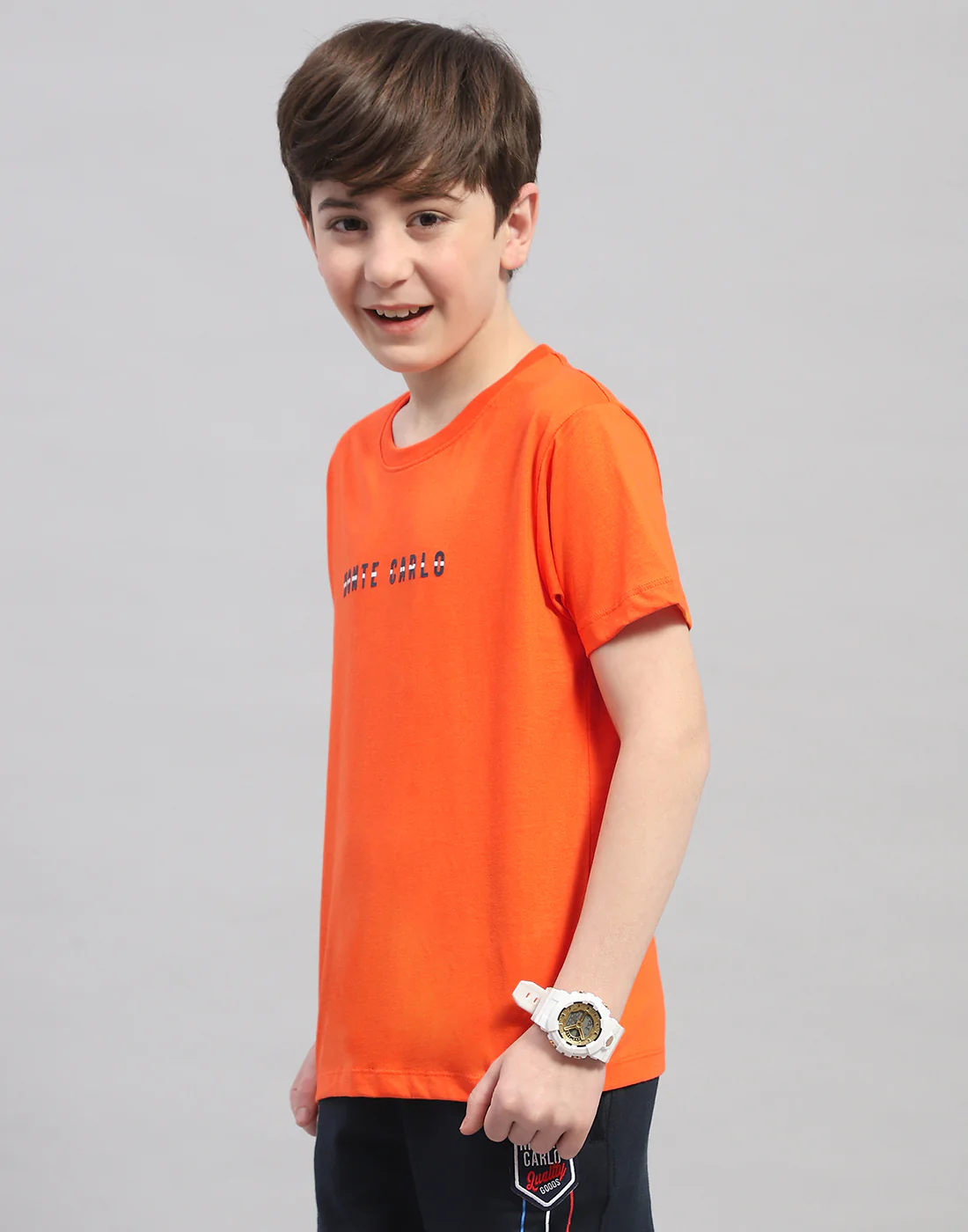 Boys Orange Printed Round Neck Half Sleeve T-Shirt - Image 3
