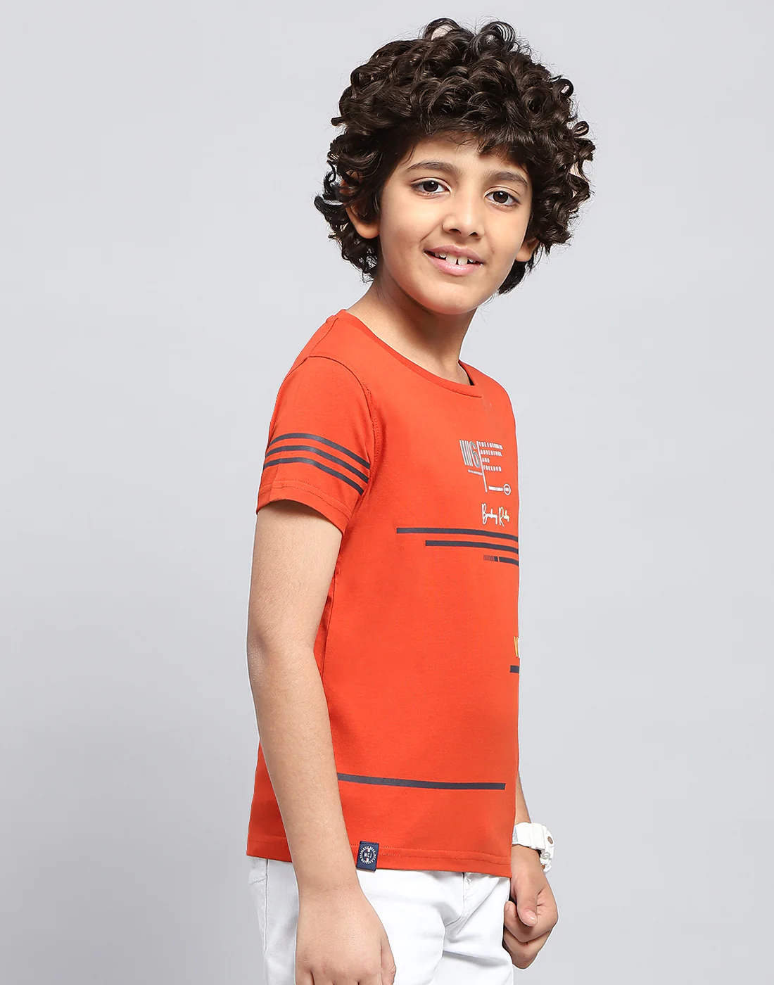 Boys Orange Printed Round Neck Half Sleeve T-Shirt - Image 4