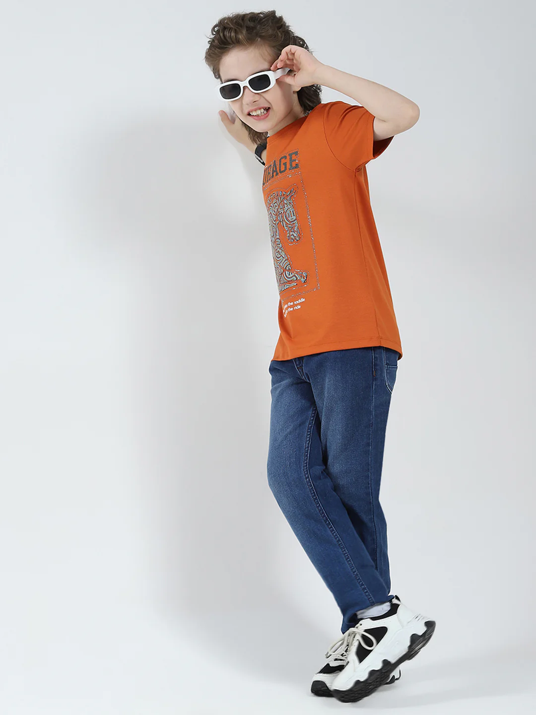 Boys Orange Printed Round Neck Half Sleeve T-Shirt - Image 2