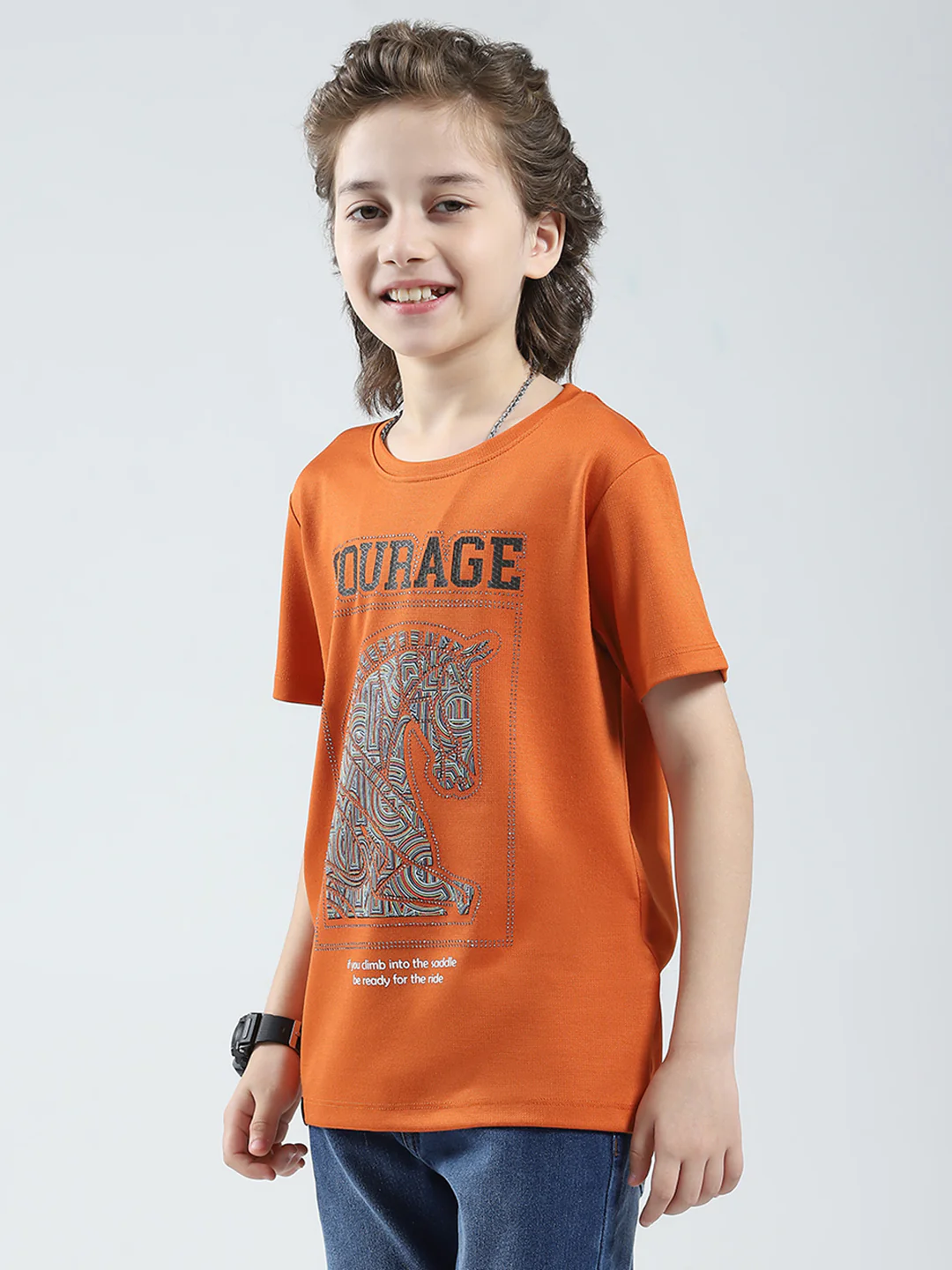 Boys Orange Printed Round Neck Half Sleeve T-Shirt - Image 3