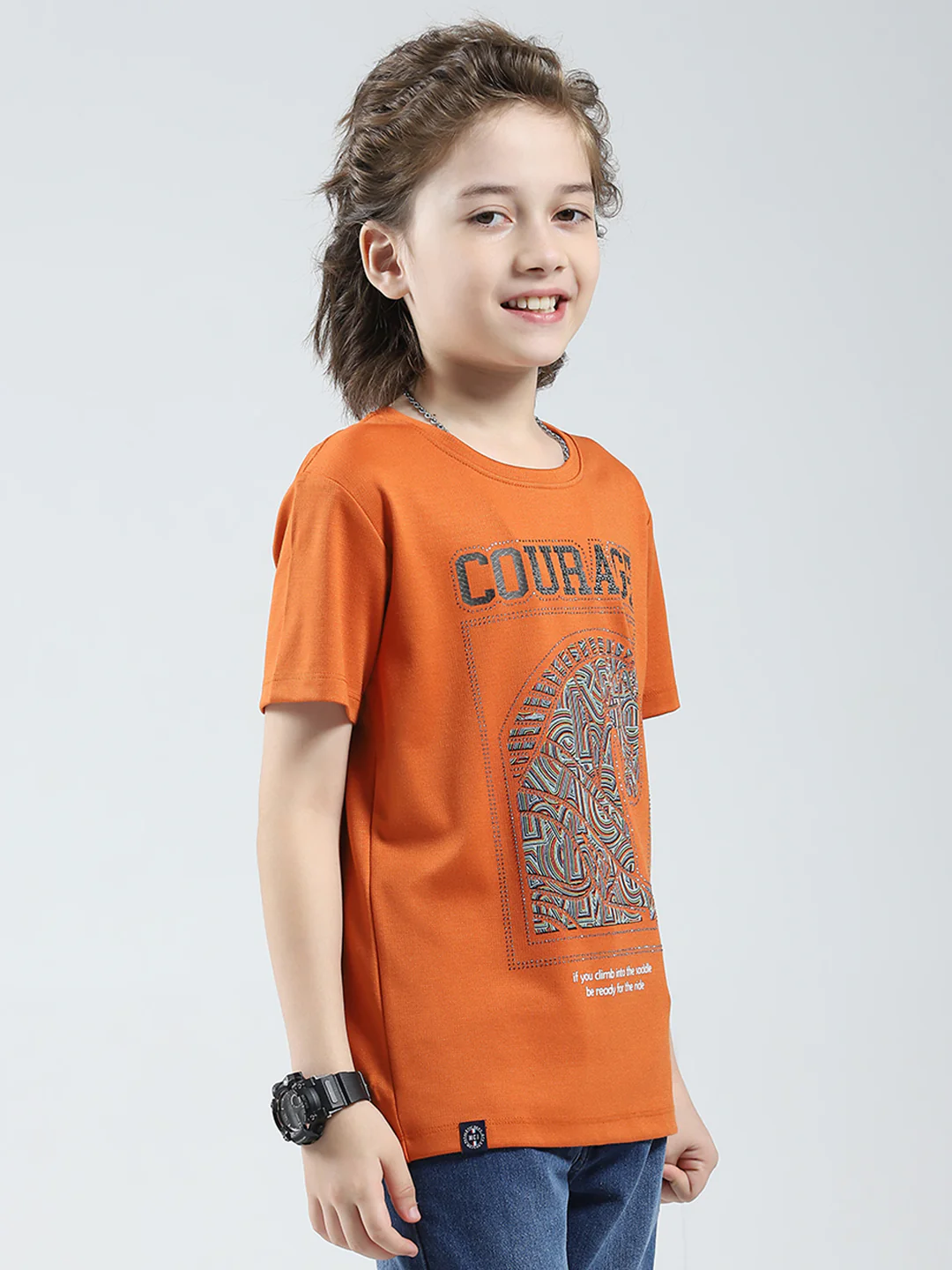 Boys Orange Printed Round Neck Half Sleeve T-Shirt - Image 4