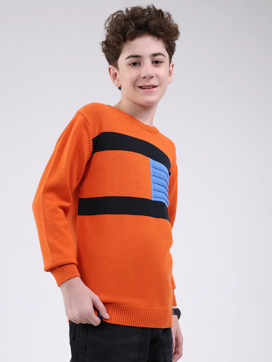 Boys Orange Self Design Round Neck Full Sleeve Pullover - Image 4