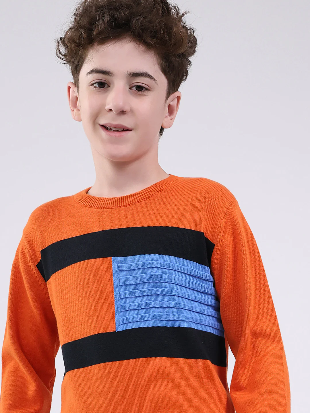 Boys Orange Self Design Round Neck Full Sleeve Pullover - Image 6
