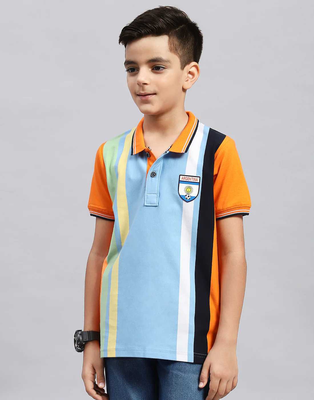 Boys Orange & Sky Blue Stripe Polo Collar Half Sleeve T-Shirt - Image 3