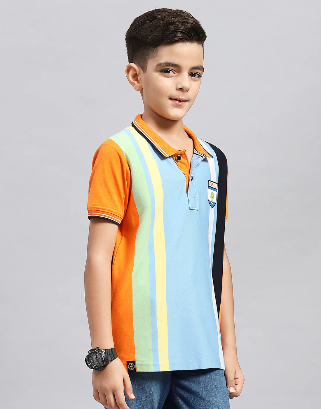 Boys Orange & Sky Blue Stripe Polo Collar Half Sleeve T-Shirt - Image 4