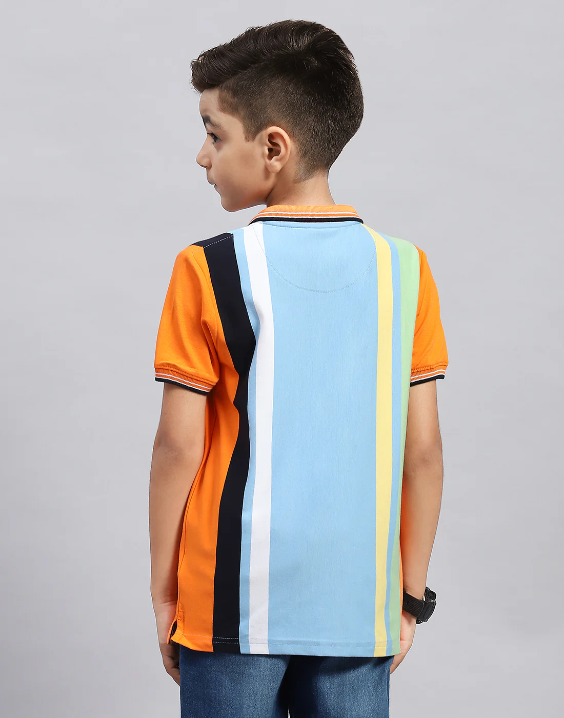 Boys Orange & Sky Blue Stripe Polo Collar Half Sleeve T-Shirt - Image 5