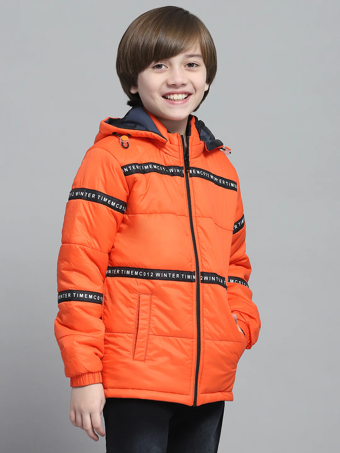Boys Orange Solid Hooded Full Sleeve Reversible Jacket - Image 3
