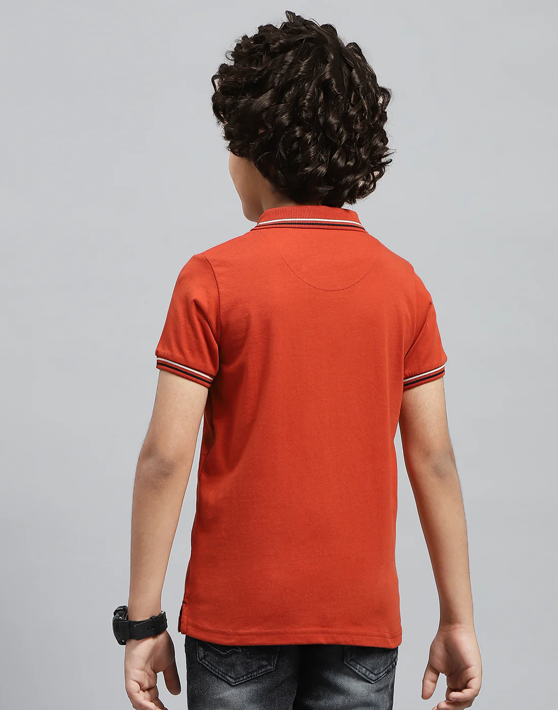 Boys Orange Solid Polo Collar Half Sleeve T-Shirt - Image 5